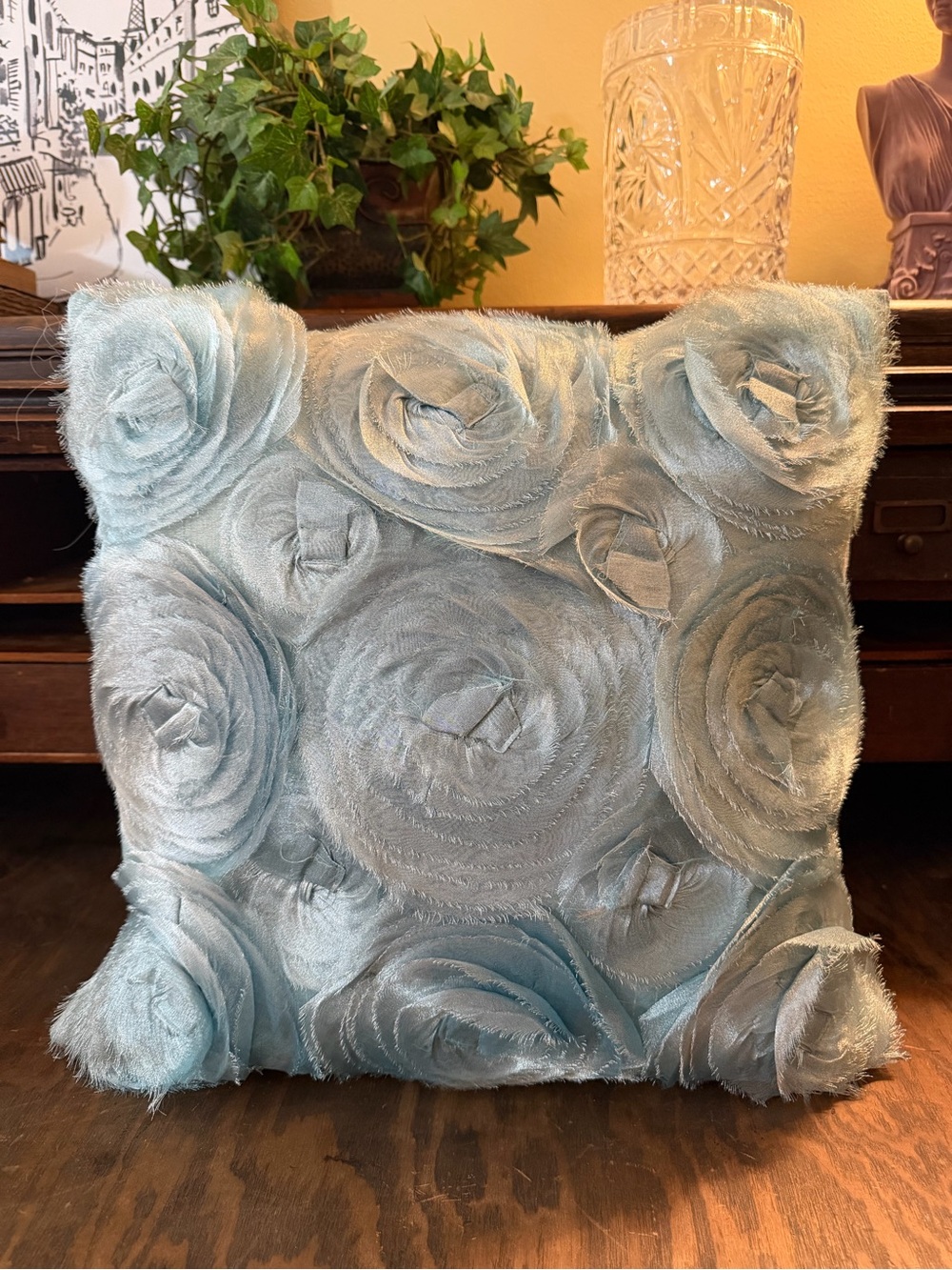 Light Blue Rosette Throw Pillow 17” dimensional Floral Shaby Chic Romantic Decor